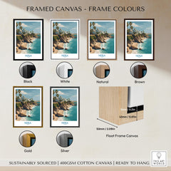 Framed canvas print options for Nerja Spain Poster | Spanish Village Canvas Print showcasing various frame colors.