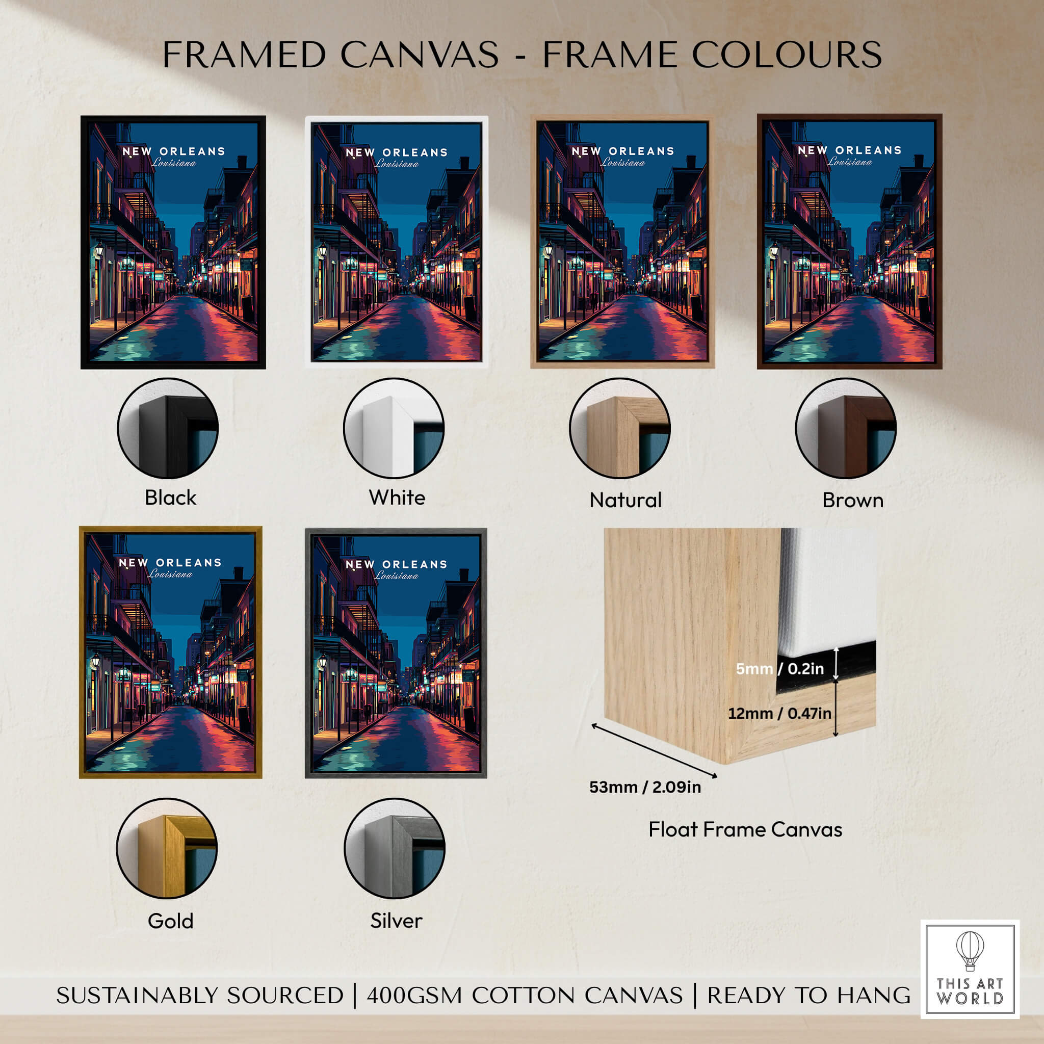 New Orleans Travel Poster | Bourbon Street Night Wall Art Print with various frame colors including black, white, natural, brown, gold, and silver.