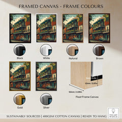 New Orleans Wall Art Print | French Quarter Balcony Travel Poster with various frame colors options including black, white, natural, brown, gold, and silver.