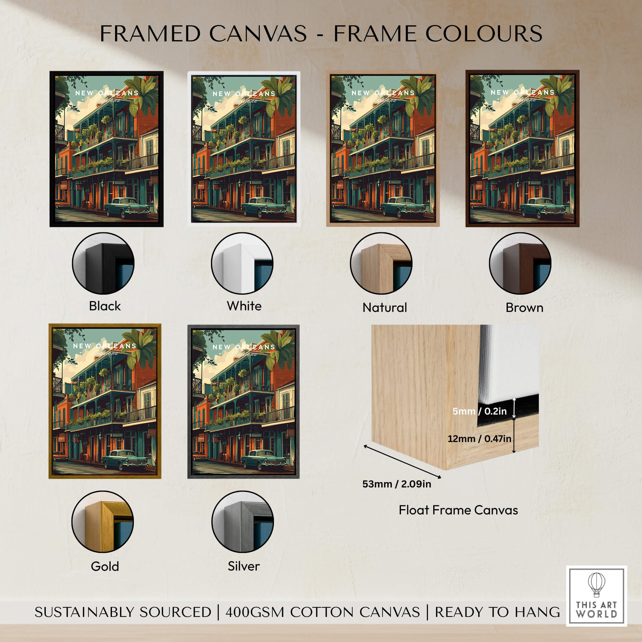 New Orleans Wall Art Print | French Quarter Balcony Travel Poster with various frame colors options including black, white, natural, brown, gold, and silver.