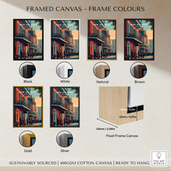 New Orleans Poster | Jazz Band Street Scene Wall Art Print framed canvas color options with sizes.
