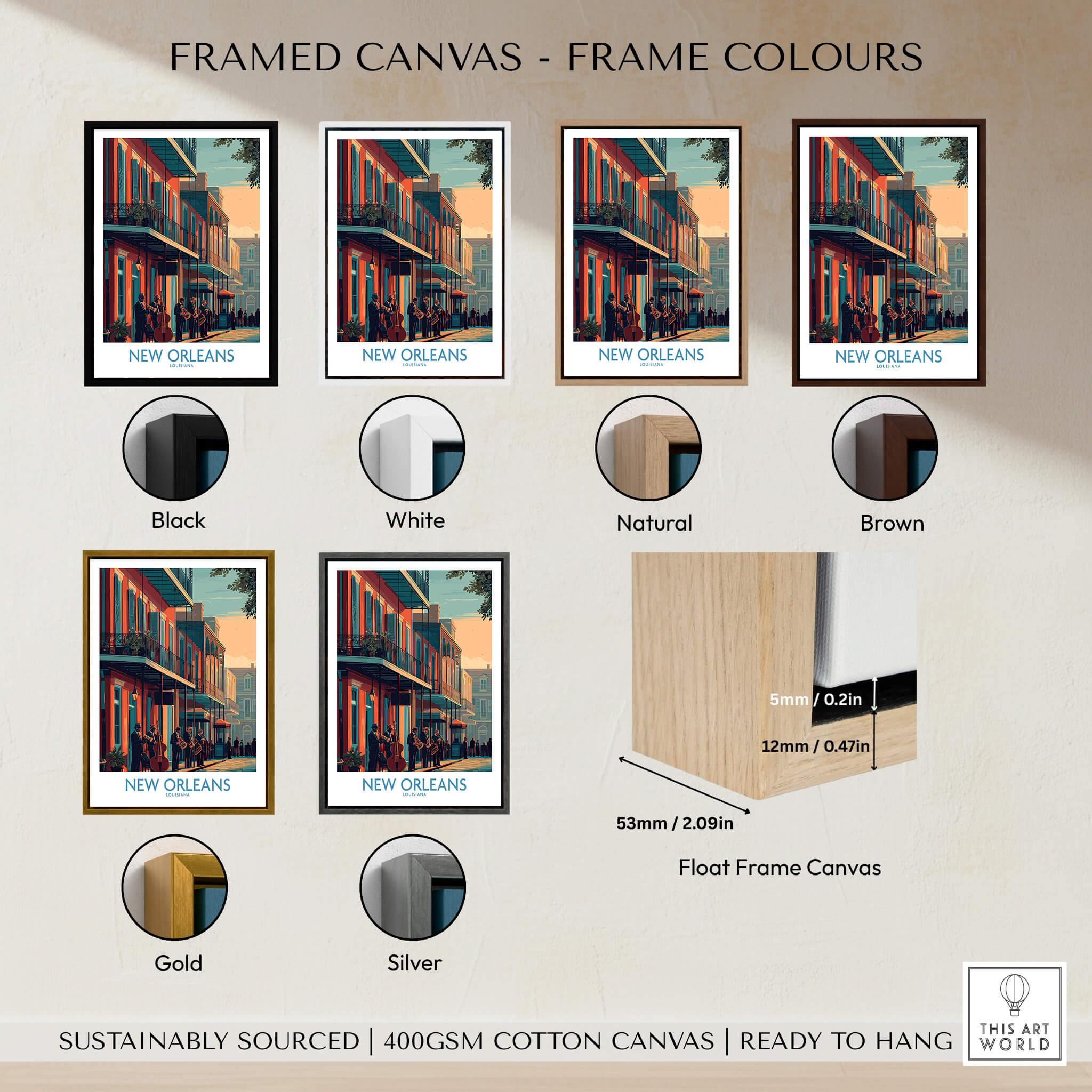 Framed canvas options for New Orleans Canvas Print | Musical Heritage Cityscape Poster with various frame colors.