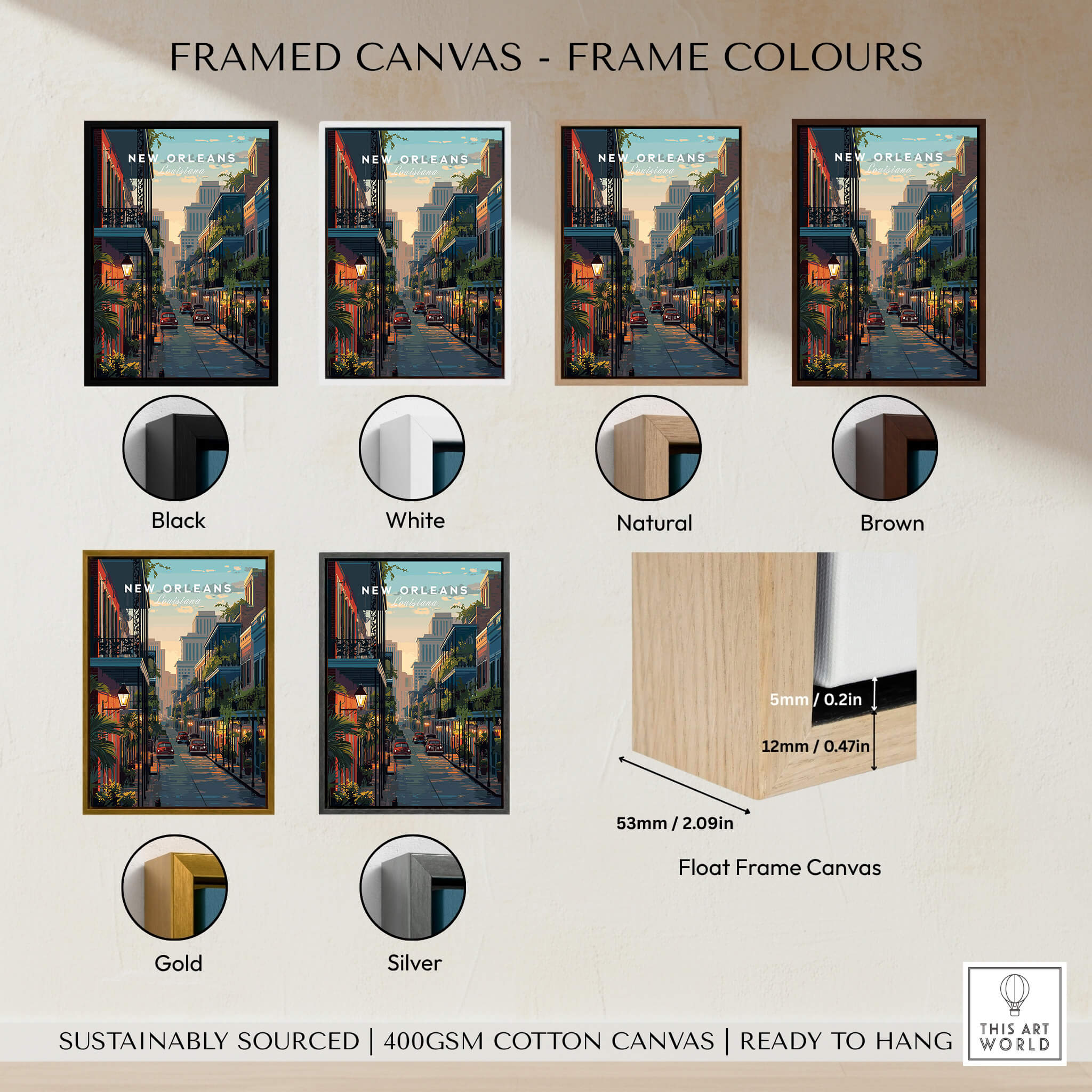 New Orleans Wall Art Print | Historic French Quarter Travel Poster showcased in various frame colors.