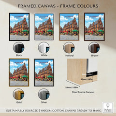 Nijmegen cityscape travel poster in six canvas float frame color options: black, white, natural, brown, gold, silver.
