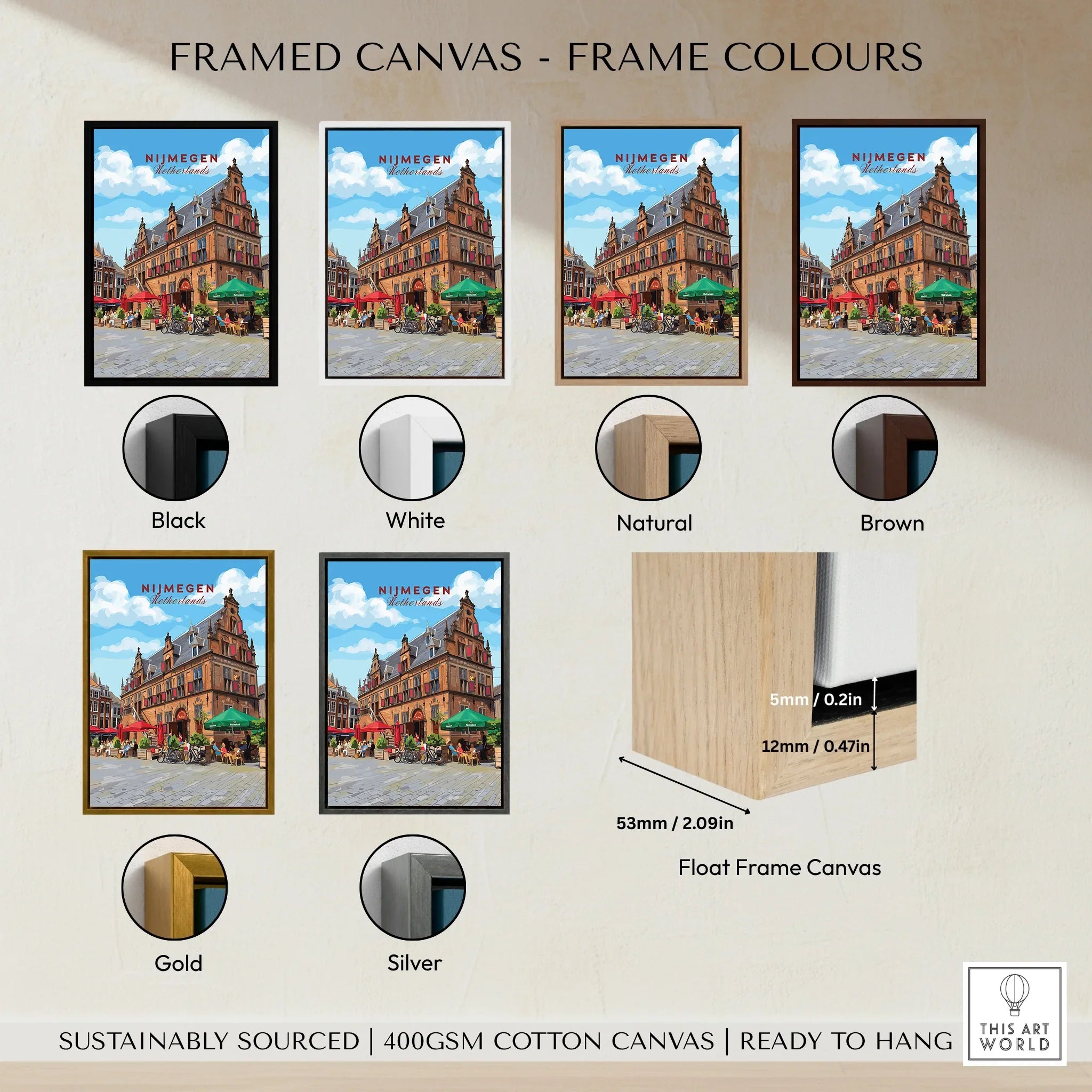 Nijmegen cityscape travel poster in six canvas float frame color options: black, white, natural, brown, gold, silver.