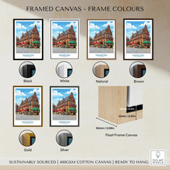 Framed canvas travel art print of Nijmegen with six frame color options and float frame detail
