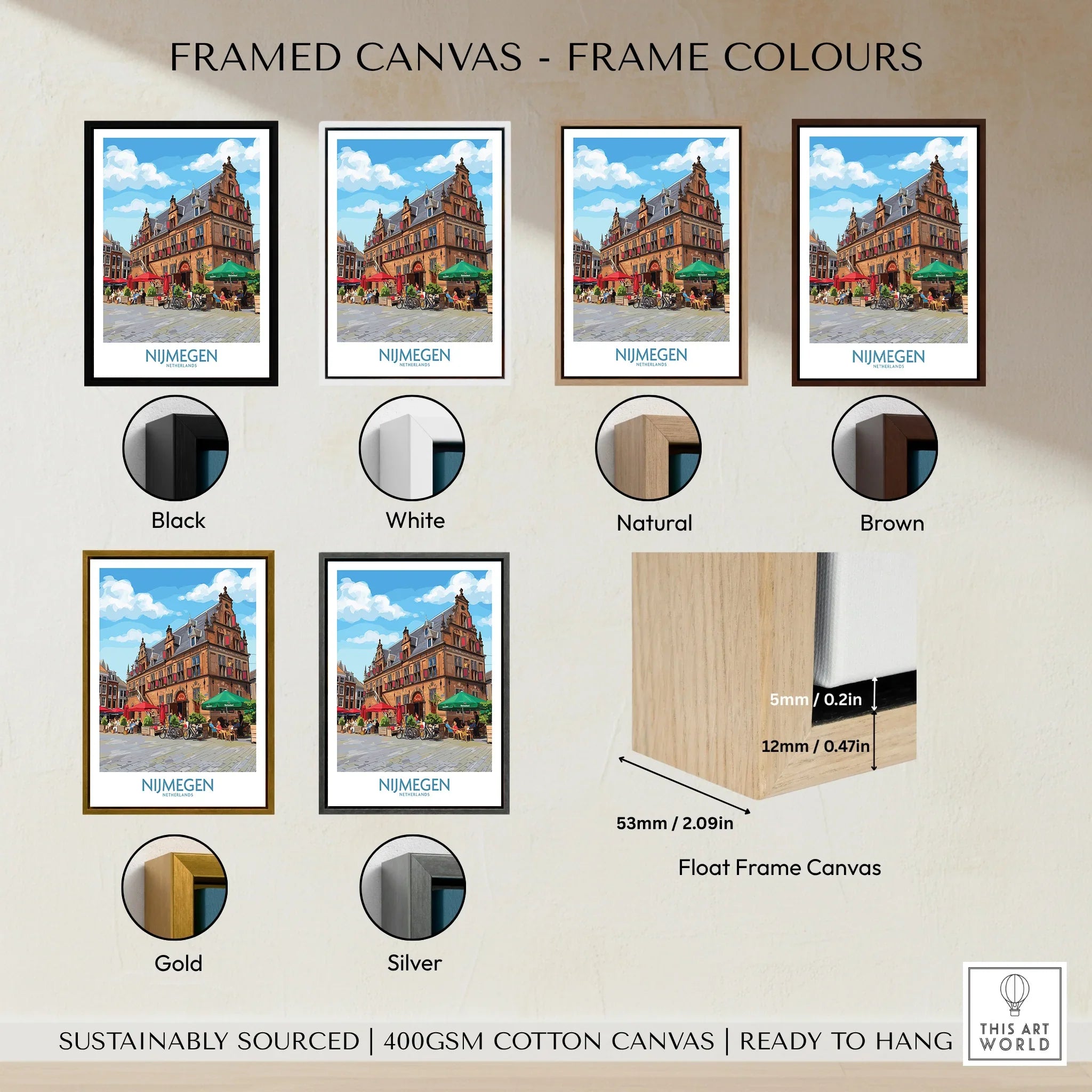 Framed canvas travel art print of Nijmegen with six frame color options and float frame detail