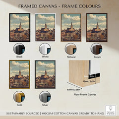 Framed Nijmegen city skyline canvas in black, white, natural, brown, gold, and silver frame options.