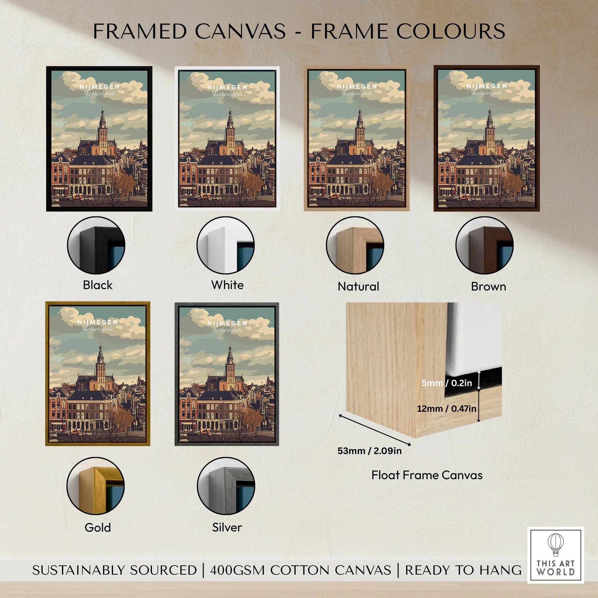 Framed Nijmegen city skyline canvas in black, white, natural, brown, gold, and silver frame options.