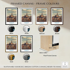 Nijmegen travel poster framed canvas in black, white, natural, brown, gold, and silver frame options.