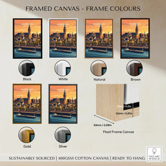 Canvas print of Nijmegen cityscape with six frame color options: black, white, natural, brown, gold, silver.