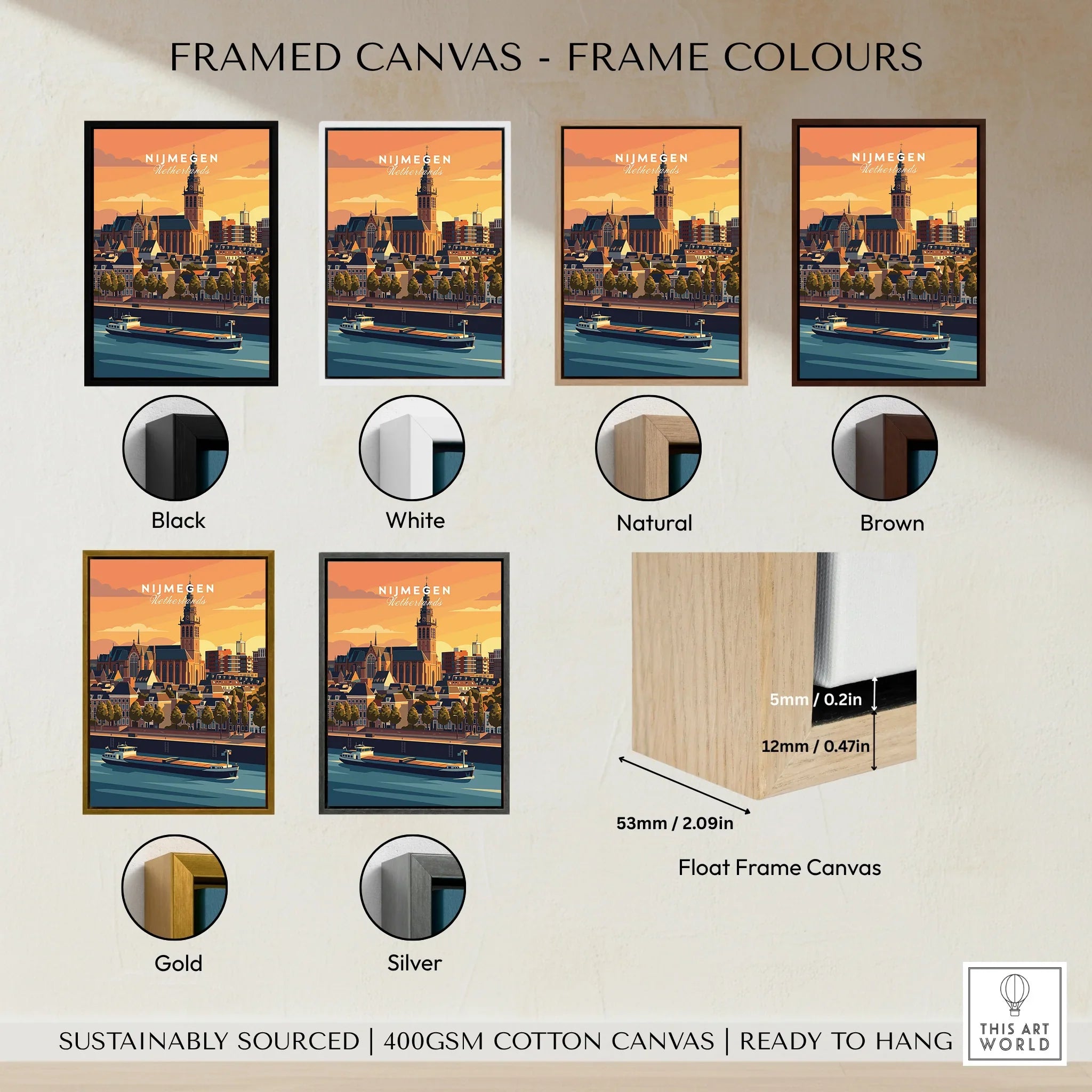 Canvas print of Nijmegen cityscape with six frame color options: black, white, natural, brown, gold, silver.