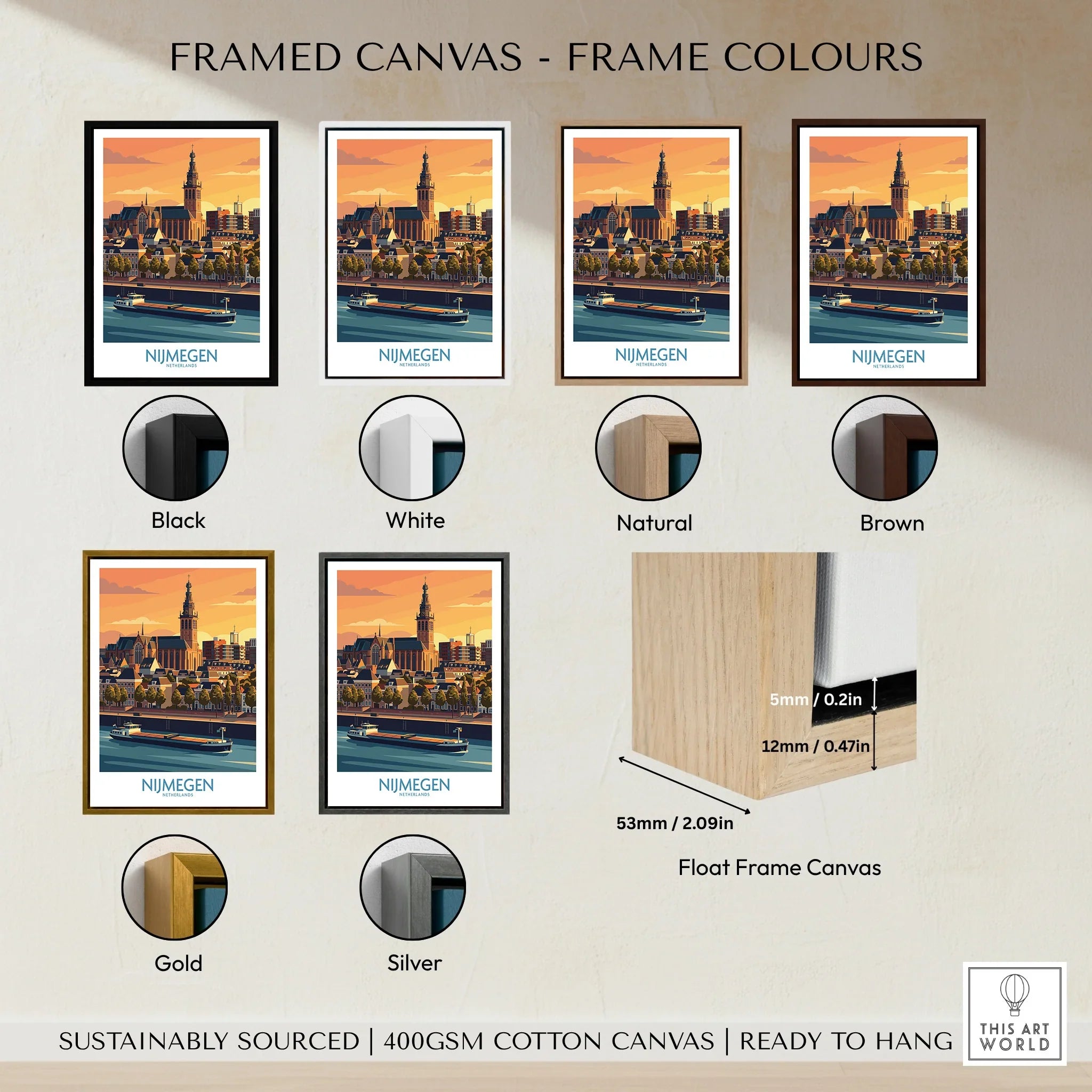 Nijmegen city travel poster framed canvas in black, white, natural, brown, gold, silver options