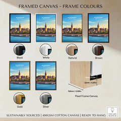 Nijmegen city skyline wall art print in six frame color options: black, white, natural, brown, gold, silver, with float frame canvas detail.