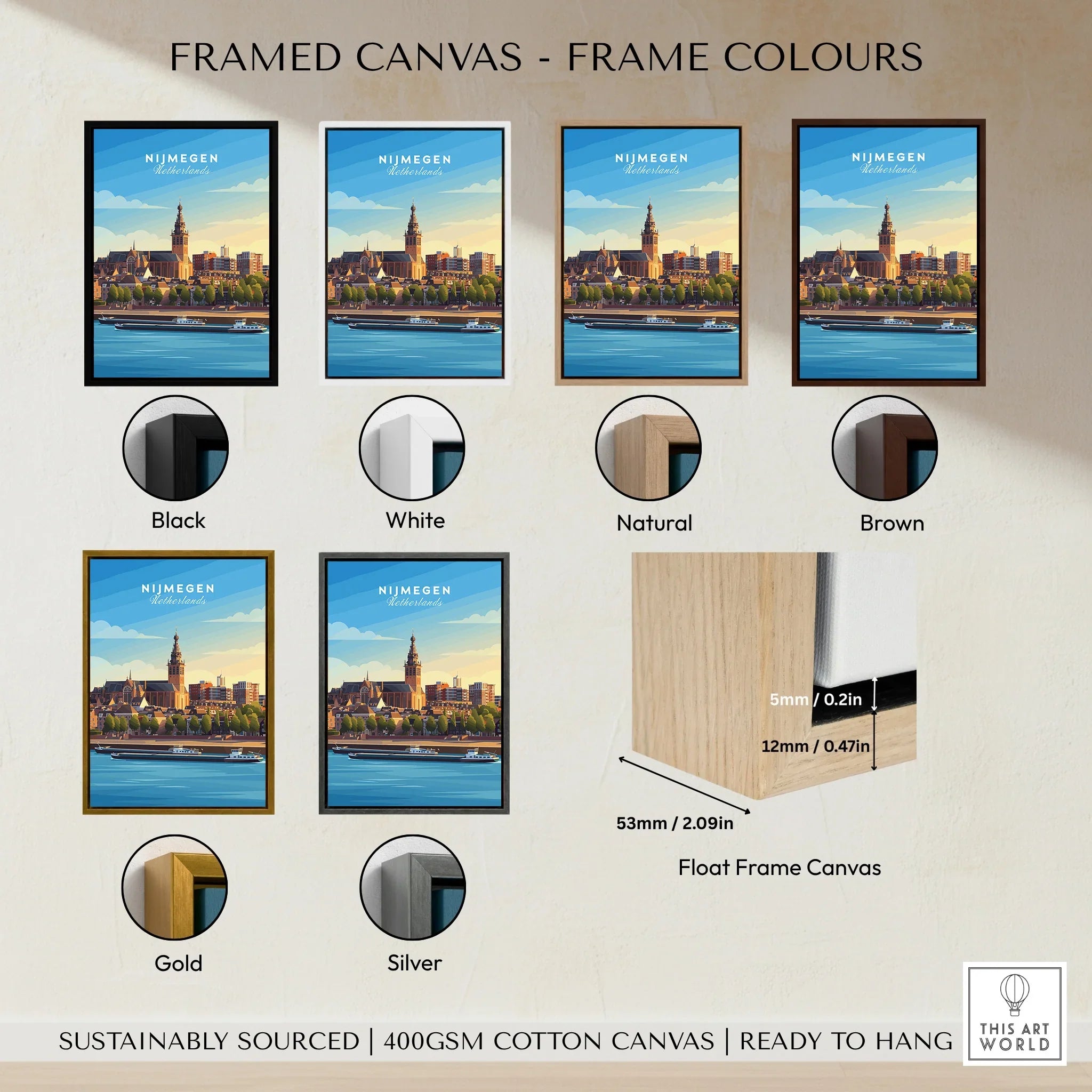 Nijmegen city skyline wall art print in six frame color options: black, white, natural, brown, gold, silver, with float frame canvas detail.