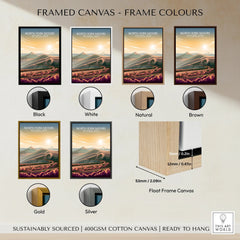 North York Moors National Park framed canvas wall art in six frame color options: black, white, natural, brown, gold, and silver, with float frame detail.