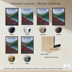 Olympic National Park travel poster framed canvas art in six frame color options: black, white, natural, brown, gold, and silver, with float frame detail.