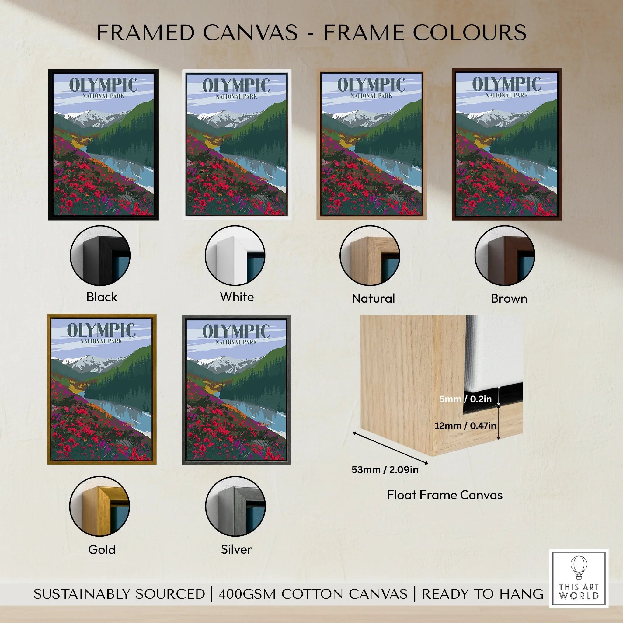 Olympic National Park travel poster framed canvas art in six frame color options: black, white, natural, brown, gold, and silver, with float frame detail.