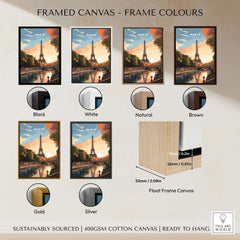Paris Print framed canvas options in various colors showcasing the Eiffel Tower at sunset.