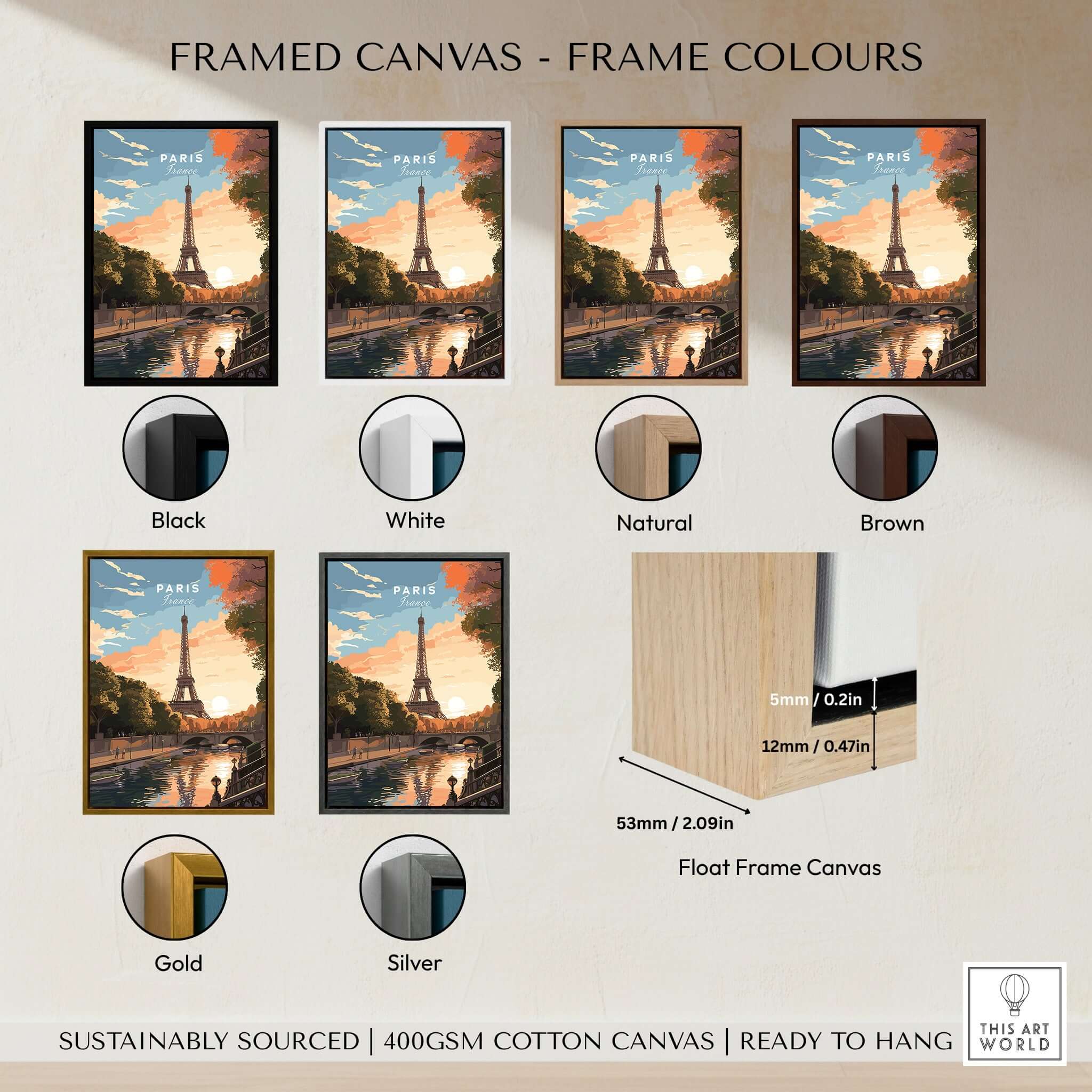 Paris Print framed canvas options in various colors showcasing the Eiffel Tower at sunset.