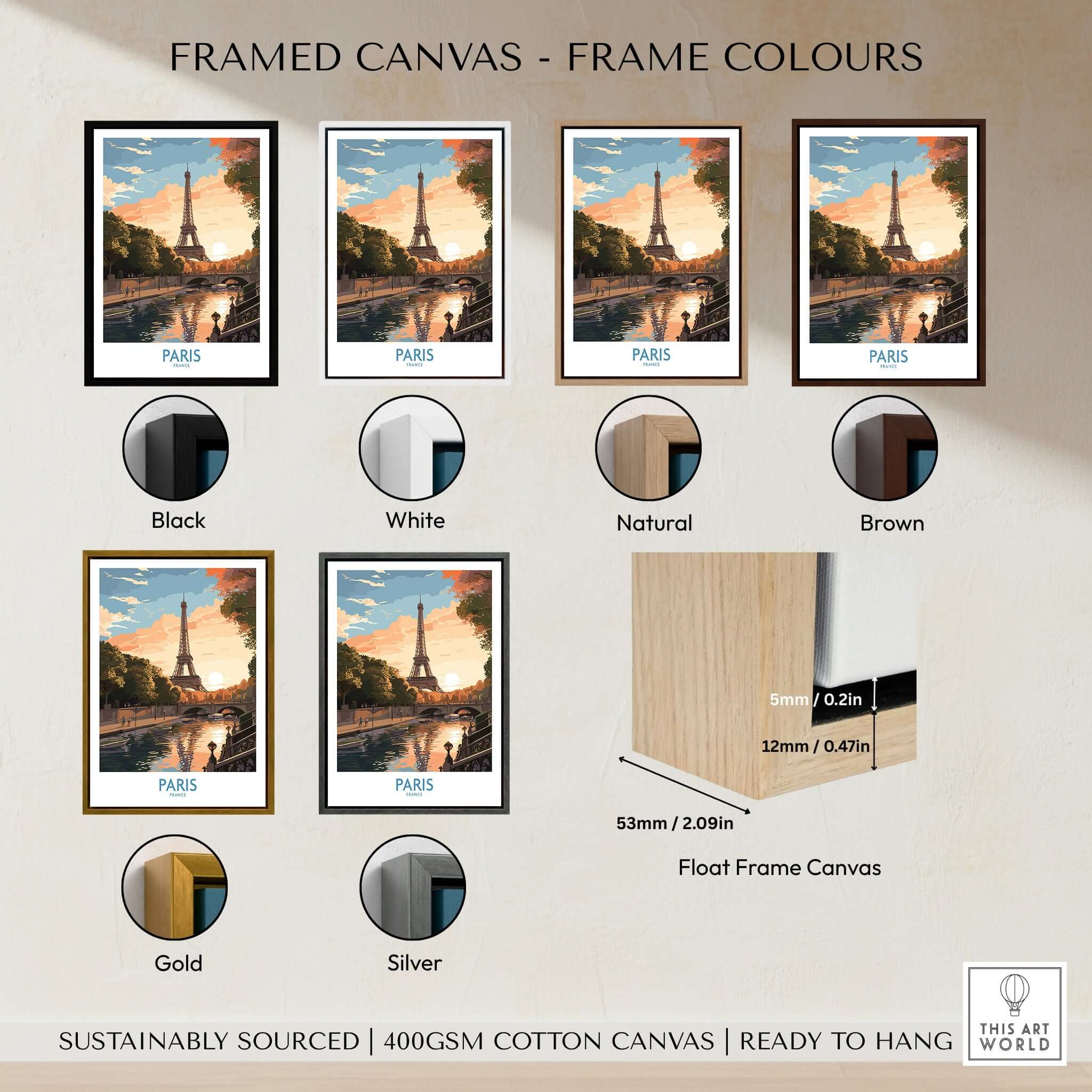 Framed canvas color options for Paris Art Print featuring the Eiffel Tower and sunset backdrop.