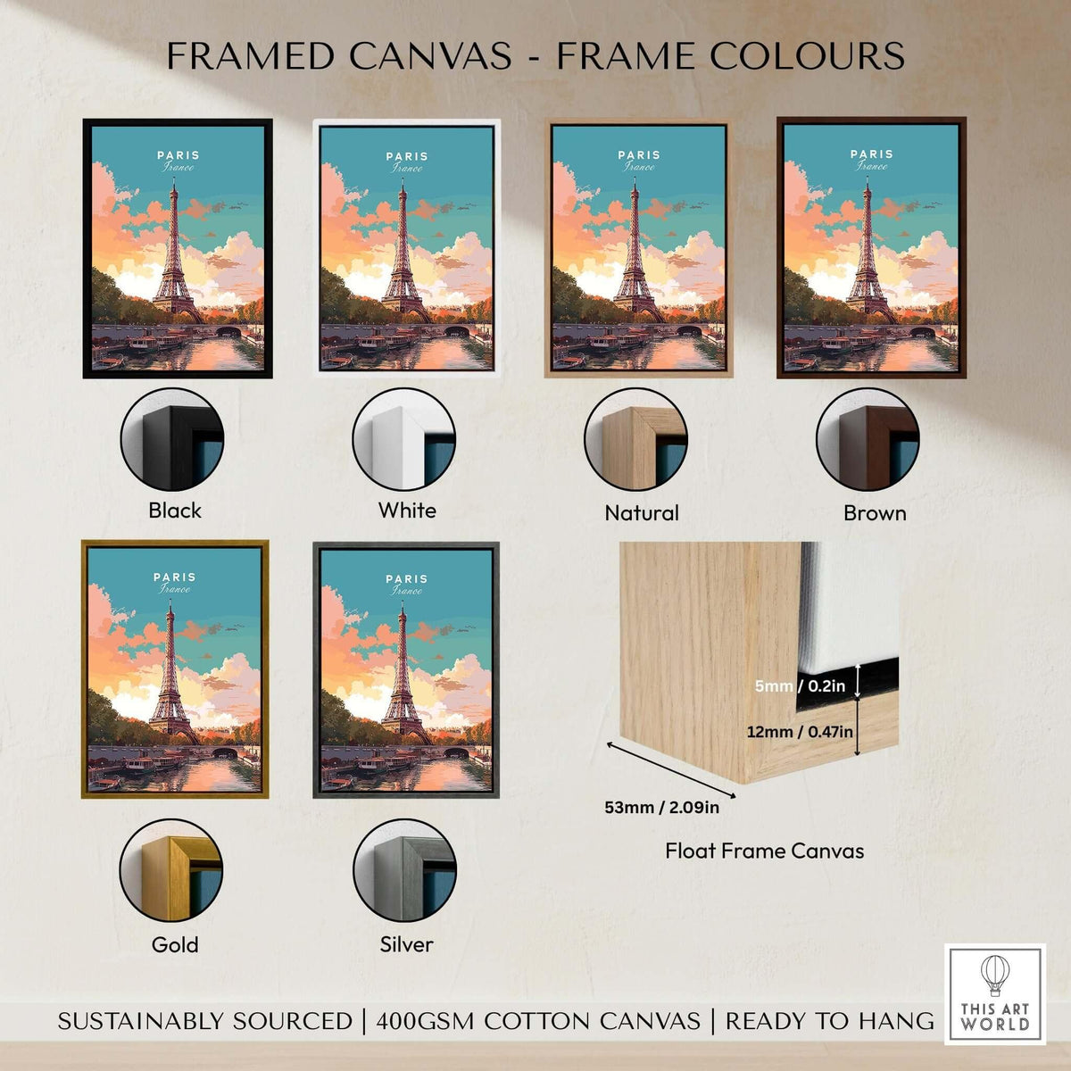 Paris Poster - Eiffel Tower framed canvas options in various colors including black, white, natural, brown, gold, and silver.