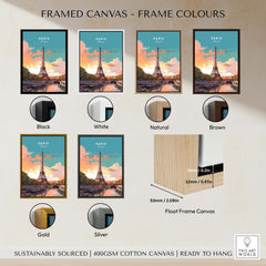 Paris Poster - Eiffel Tower framed canvas options in various colors including black, white, natural, brown, gold, and silver.