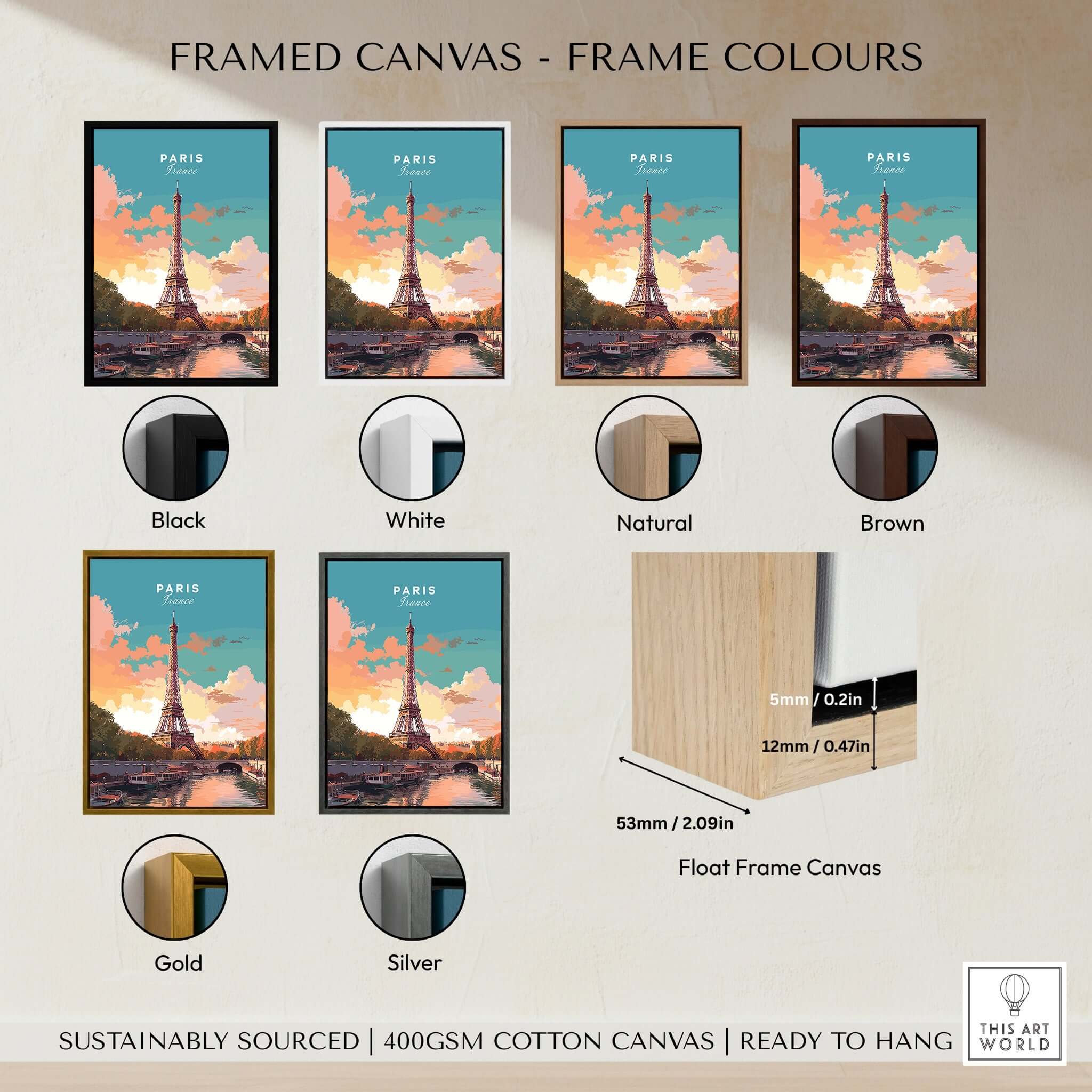 Paris Poster - Eiffel Tower framed canvas options in various colors including black, white, natural, brown, gold, and silver.