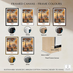 Framed canvas colors for Paris France Autumn Seine River Art Print | Eiffel Tower and Notre Dame Poster.