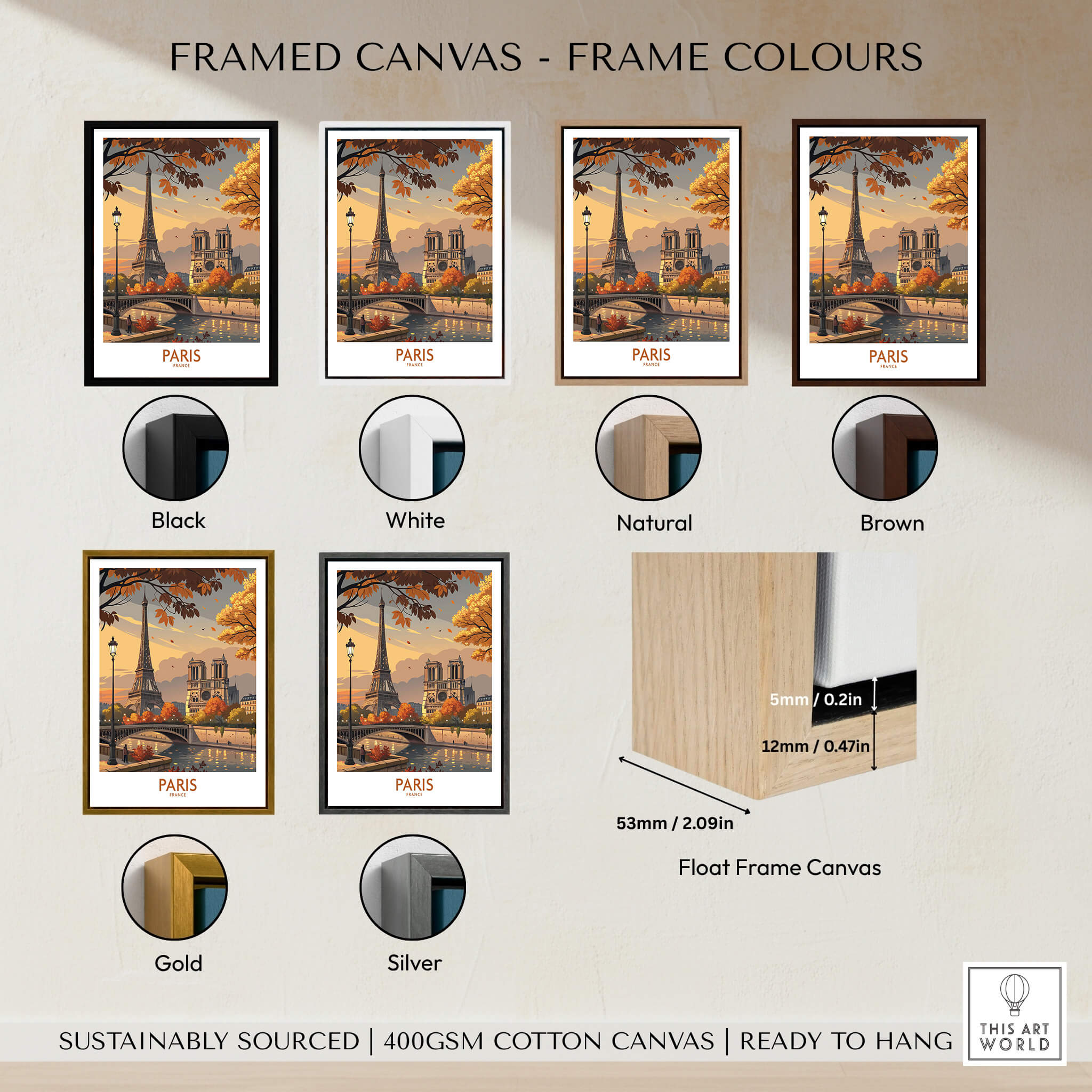 Framed canvas colors for Paris France Autumn Seine River Art Print | Eiffel Tower and Notre Dame Poster.