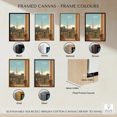 Paris travel poster framed canvas wall art with six frame color options and float frame detail