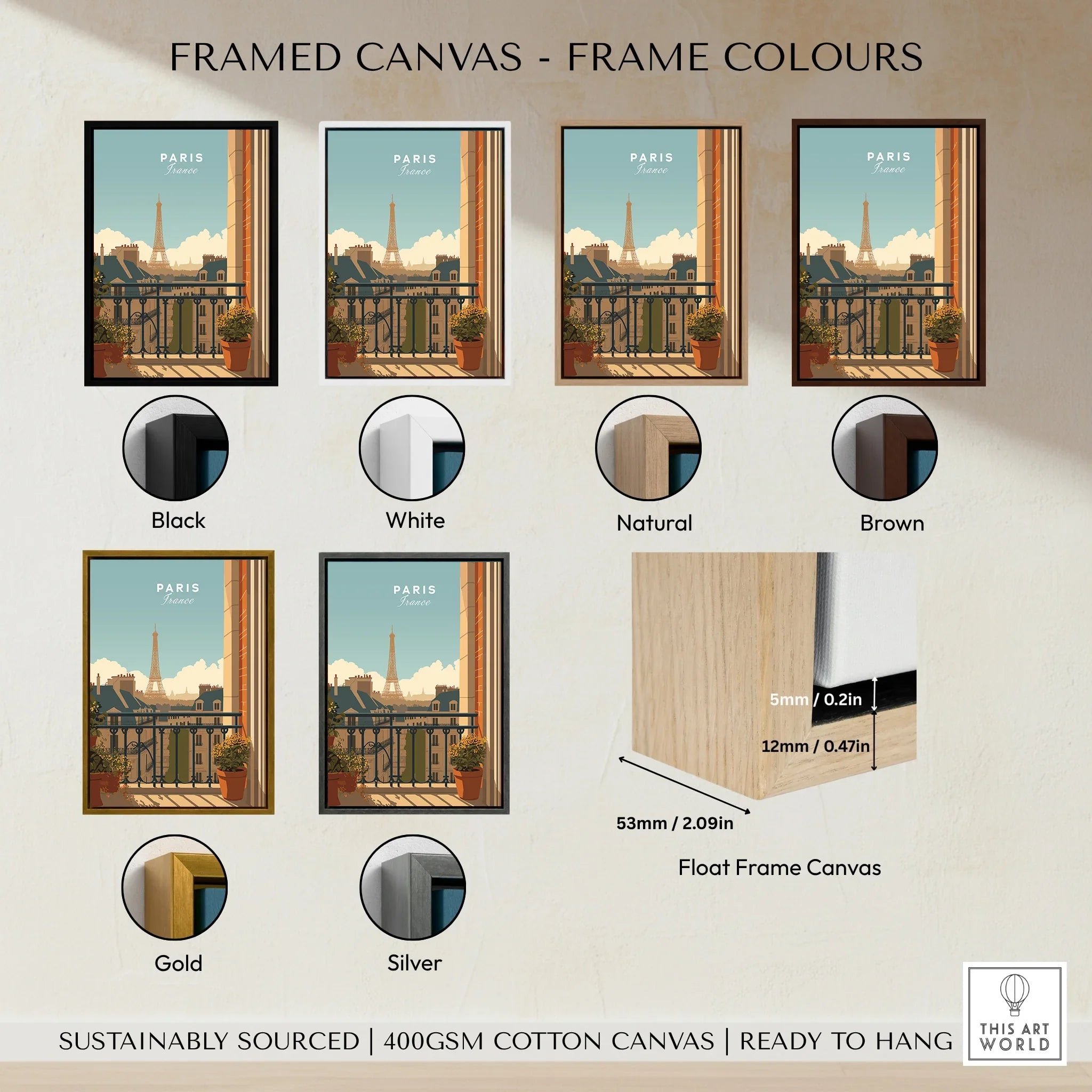 Paris travel poster framed canvas wall art with six frame color options and float frame detail