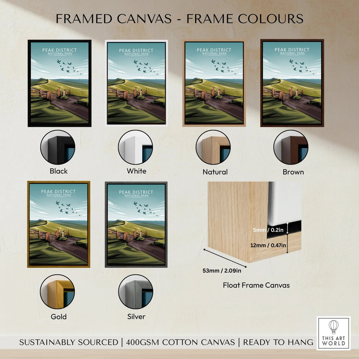 Peak District National Park wall art framed canvas in black, white, natural, brown, gold, and silver frame options.