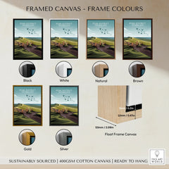 Peak District National Park wall art framed canvas in black, white, natural, brown, gold, and silver frame options.