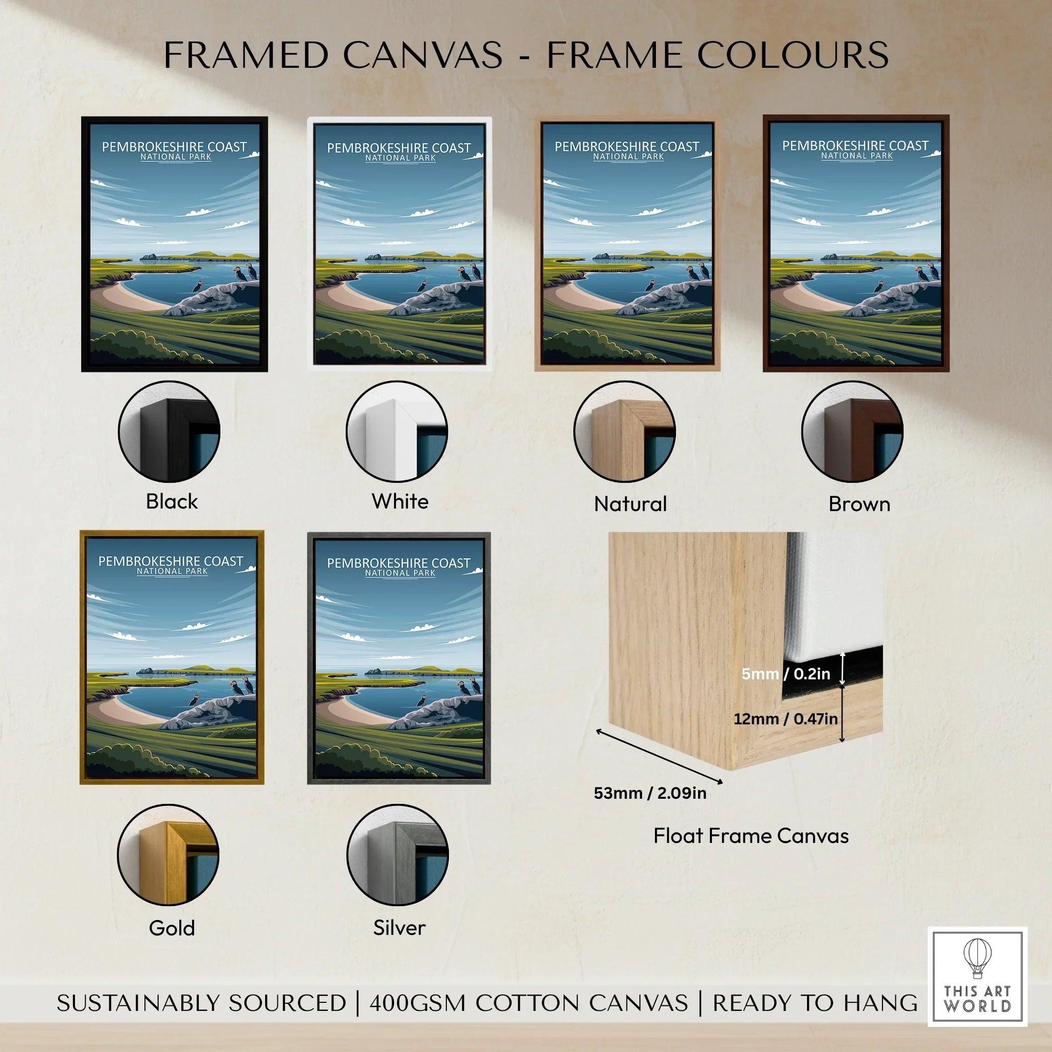 Pembrokeshire Coast National Park travel poster in six frame colours, framed canvas options