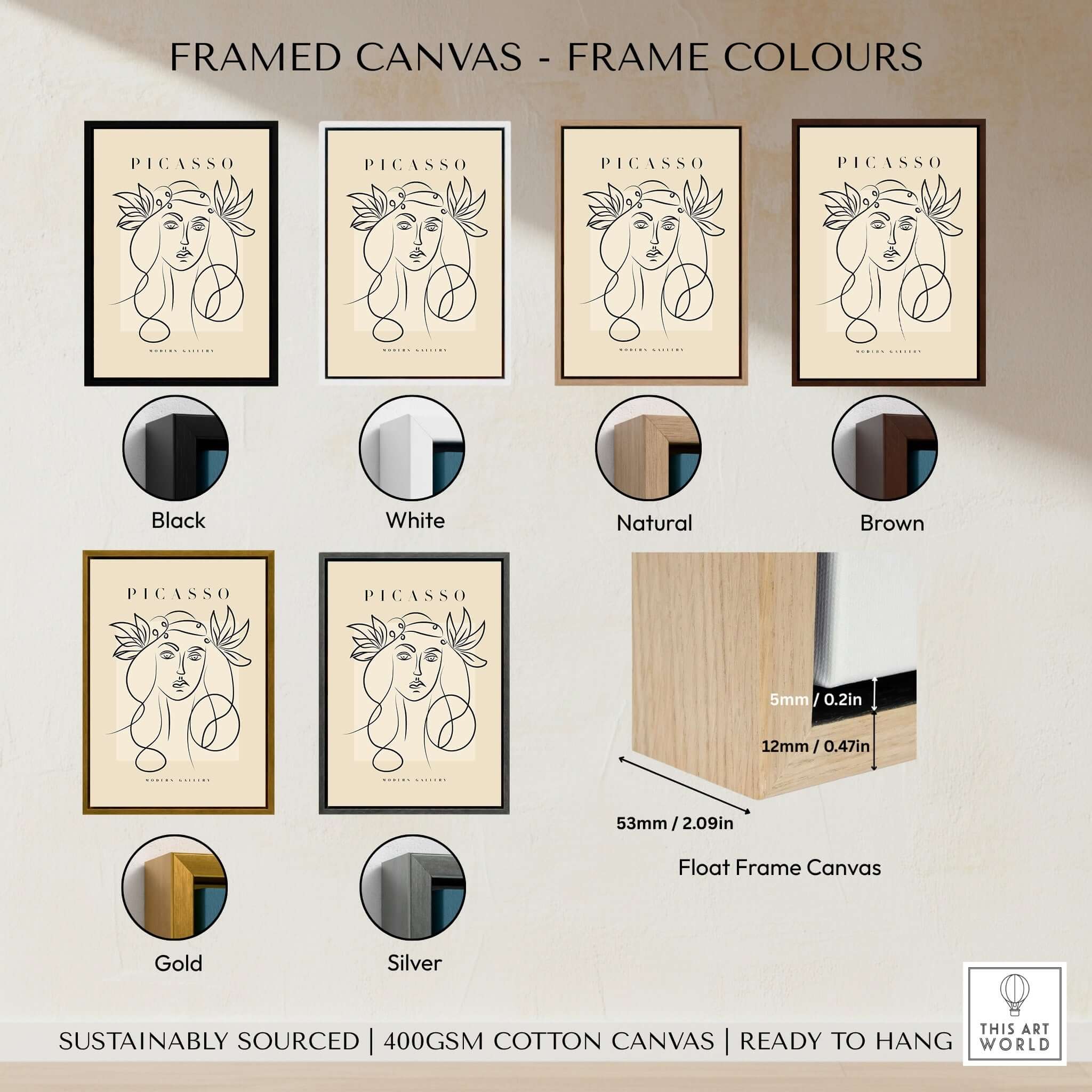 Framed options for Picasso Line Art Woman Leaf Crown Modern Gallery Wall Art Poster in various colors including black, white, natural, brown, gold, silver.