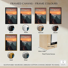 Framed canvas wall art of Pico do Arieiro at sunset in six frame colors: black, white, natural, brown, gold, and silver, with float frame detail.