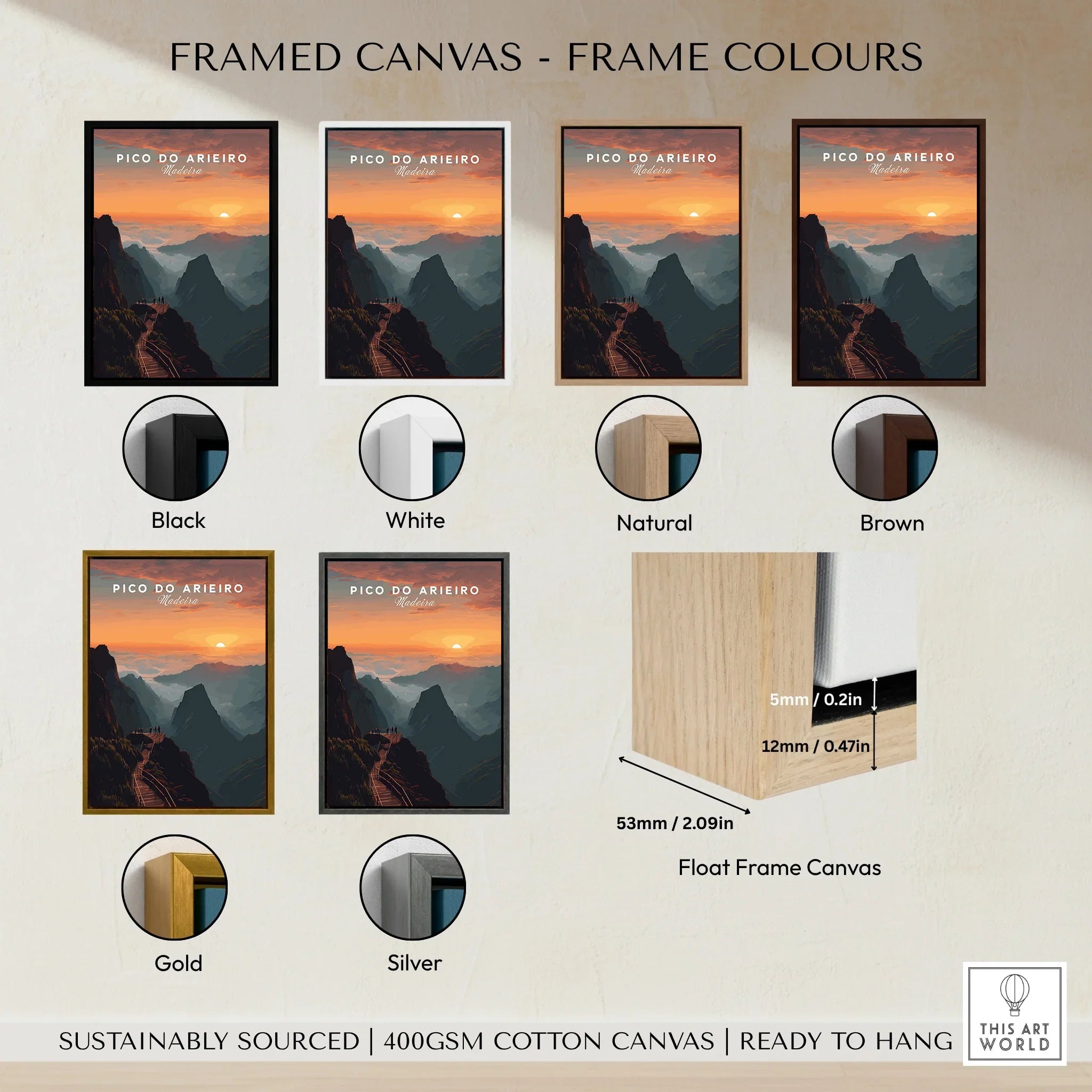 Framed canvas wall art of Pico do Arieiro at sunset in six frame colors: black, white, natural, brown, gold, and silver, with float frame detail.