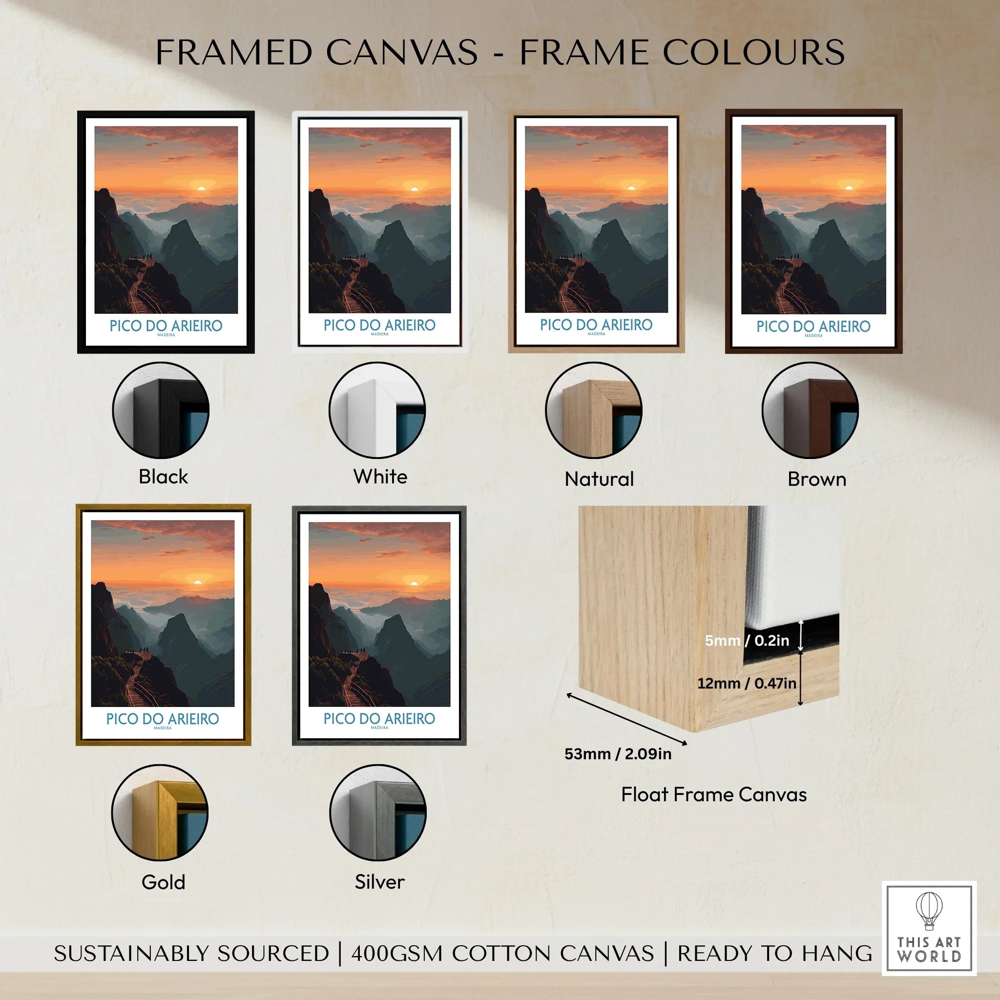Pico do Arieiro framed canvas wall art in six frame color options: black, white, natural, brown, gold, and silver, with sunset mountain landscape print.