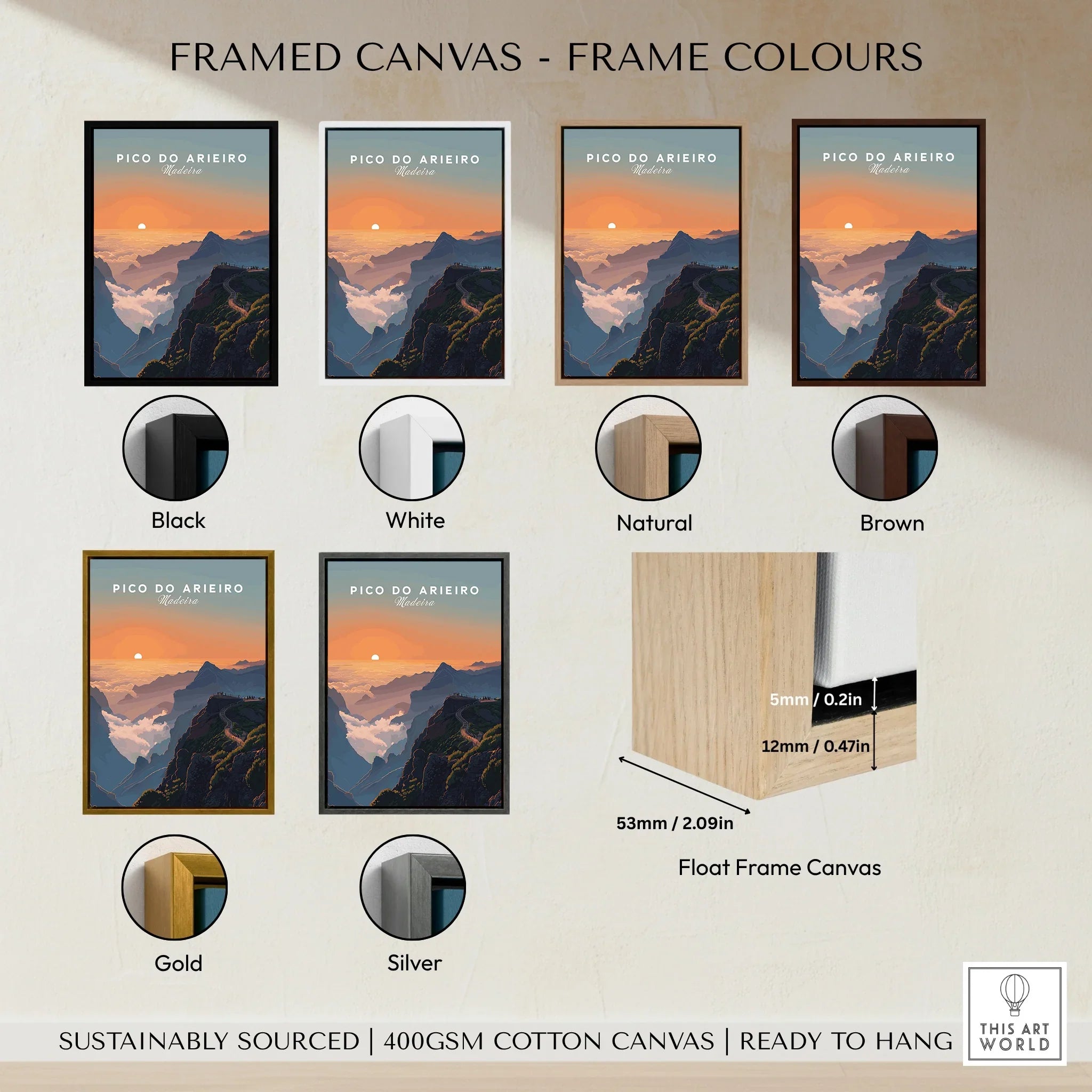 Framed canvas wall art of Pico do Arieiro mountain with six frame color options