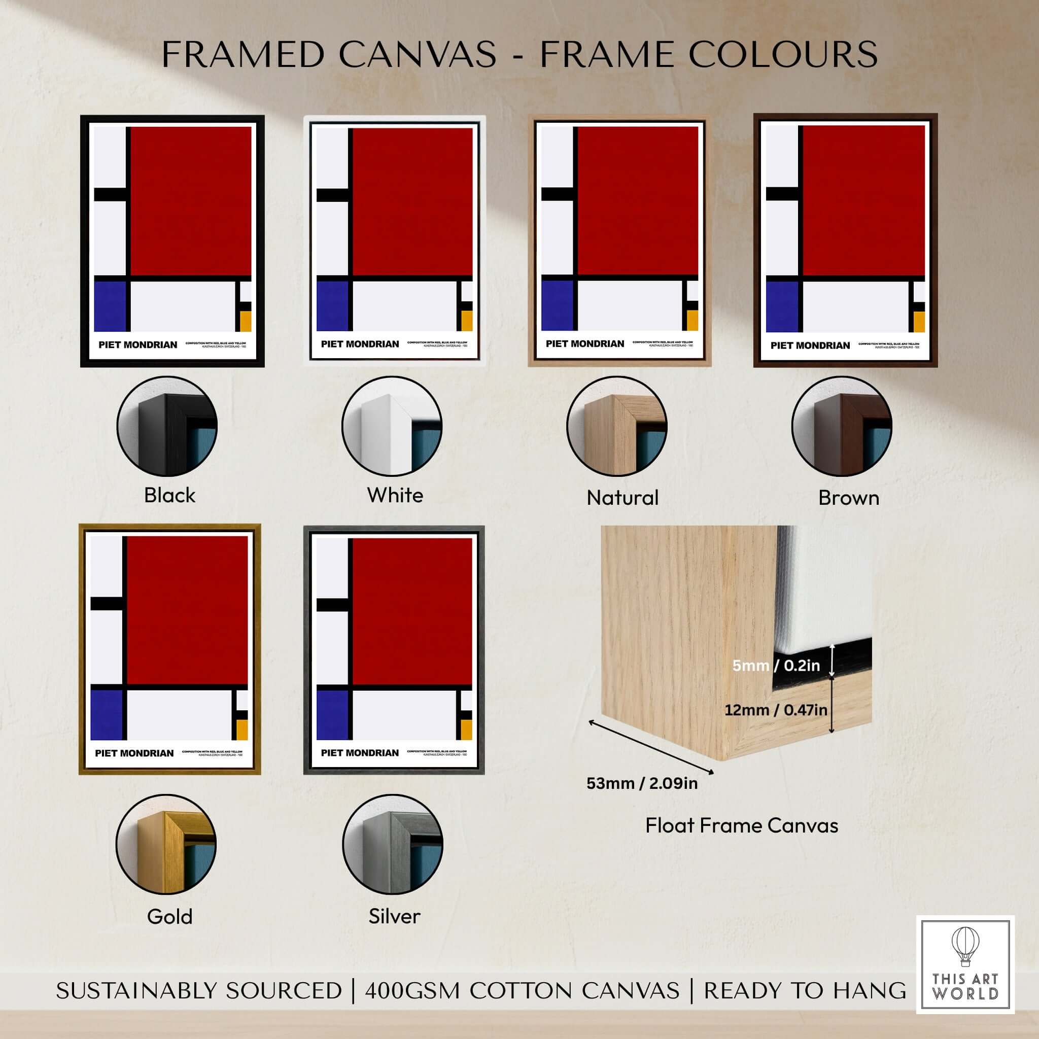 Piet Mondrian Composition Red Blue Yellow 1930 Abstract Art Print Poster Geometric framed canvas color options and specifications.