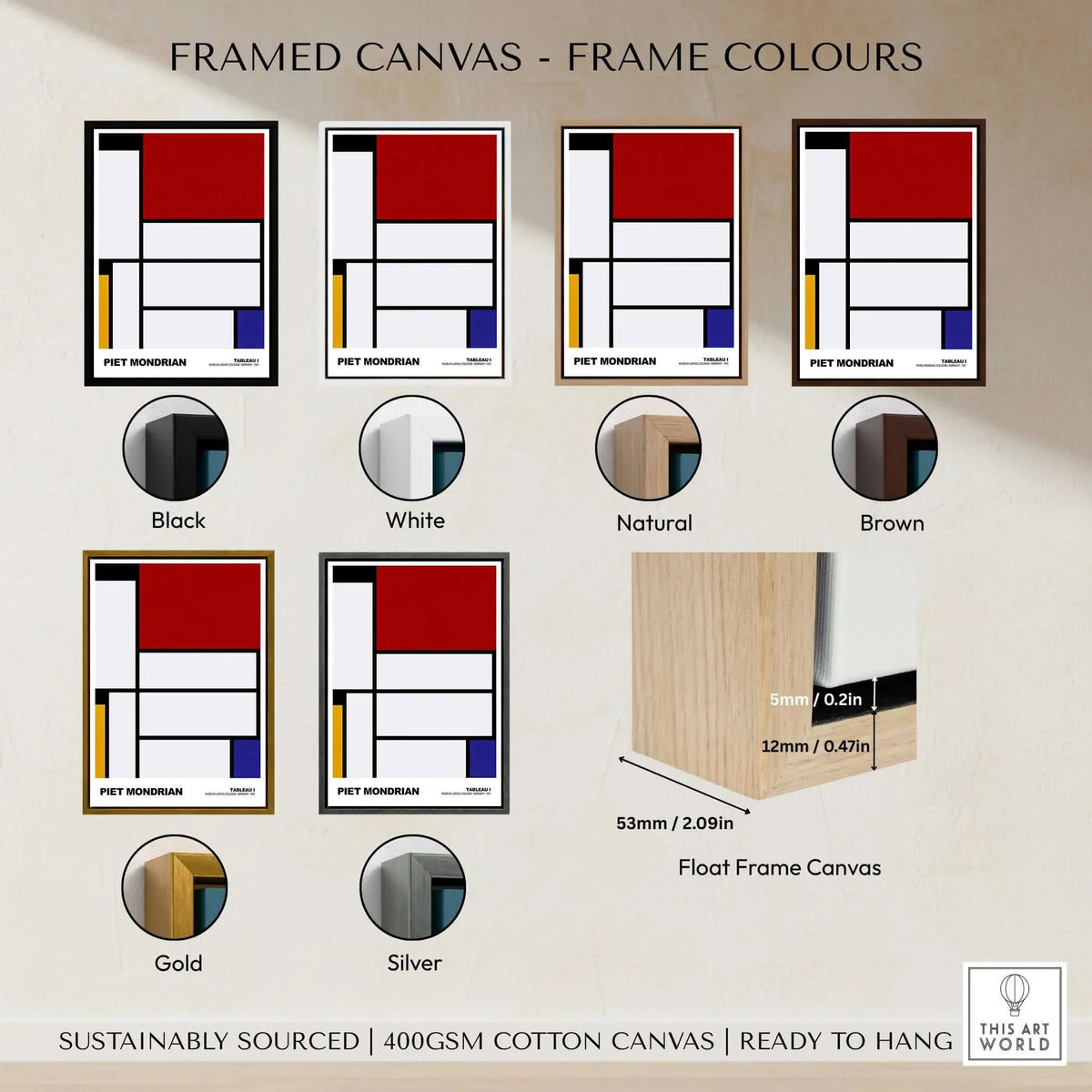 Piet Mondrian Tableau I 1921 De Stijl Abstract Geometric Poster Modern Art Print framed canvas color options.