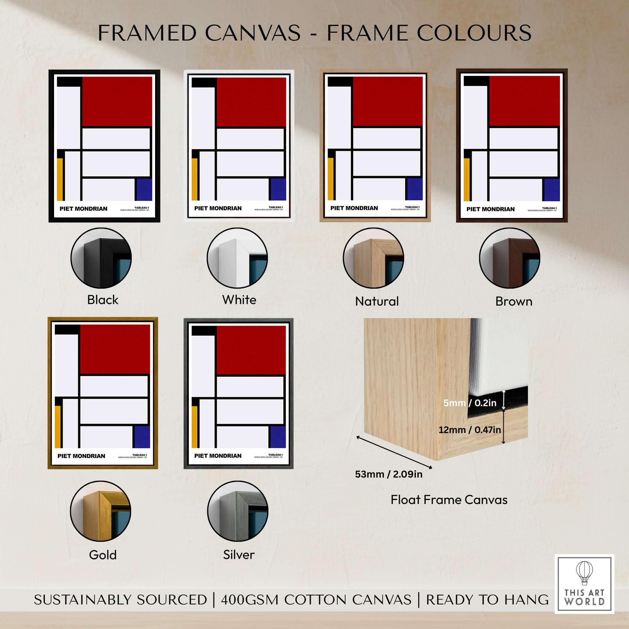 Piet Mondrian Tableau I 1921 De Stijl Abstract Geometric Poster Modern Art Print framed canvas color options.