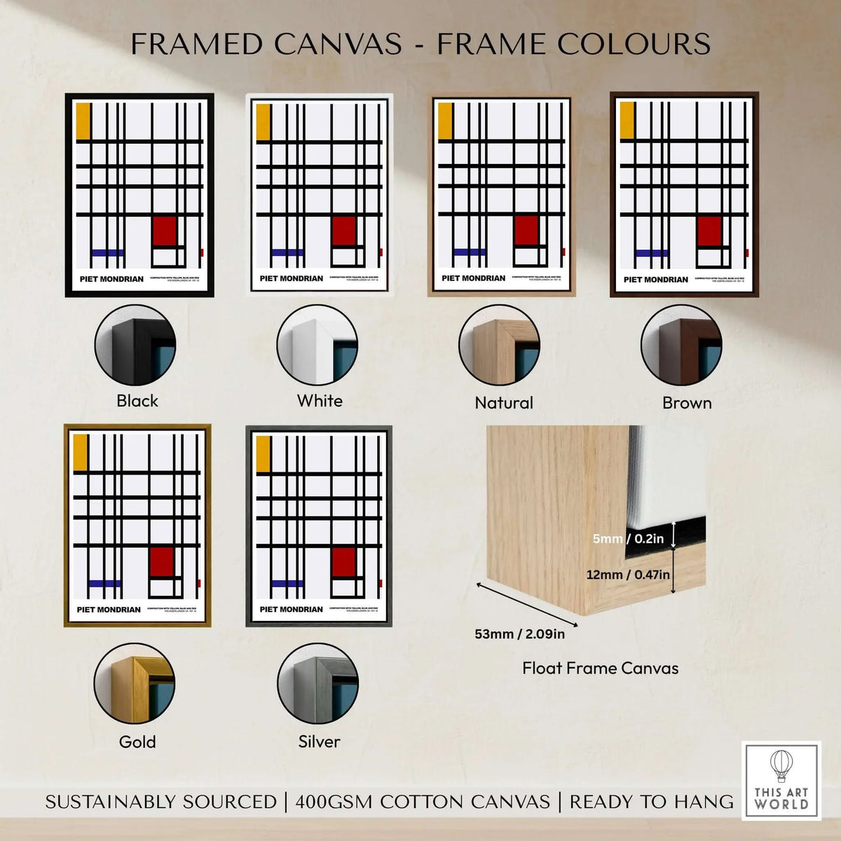 Piet Mondrian Composition Yellow Blue Red 1937 Abstract Grid Art Print Poster Lines framed canvas color options display.