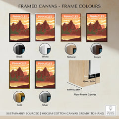 Pinnacles National Park travel poster in six frame color options: black, white, natural, brown, gold, silver.