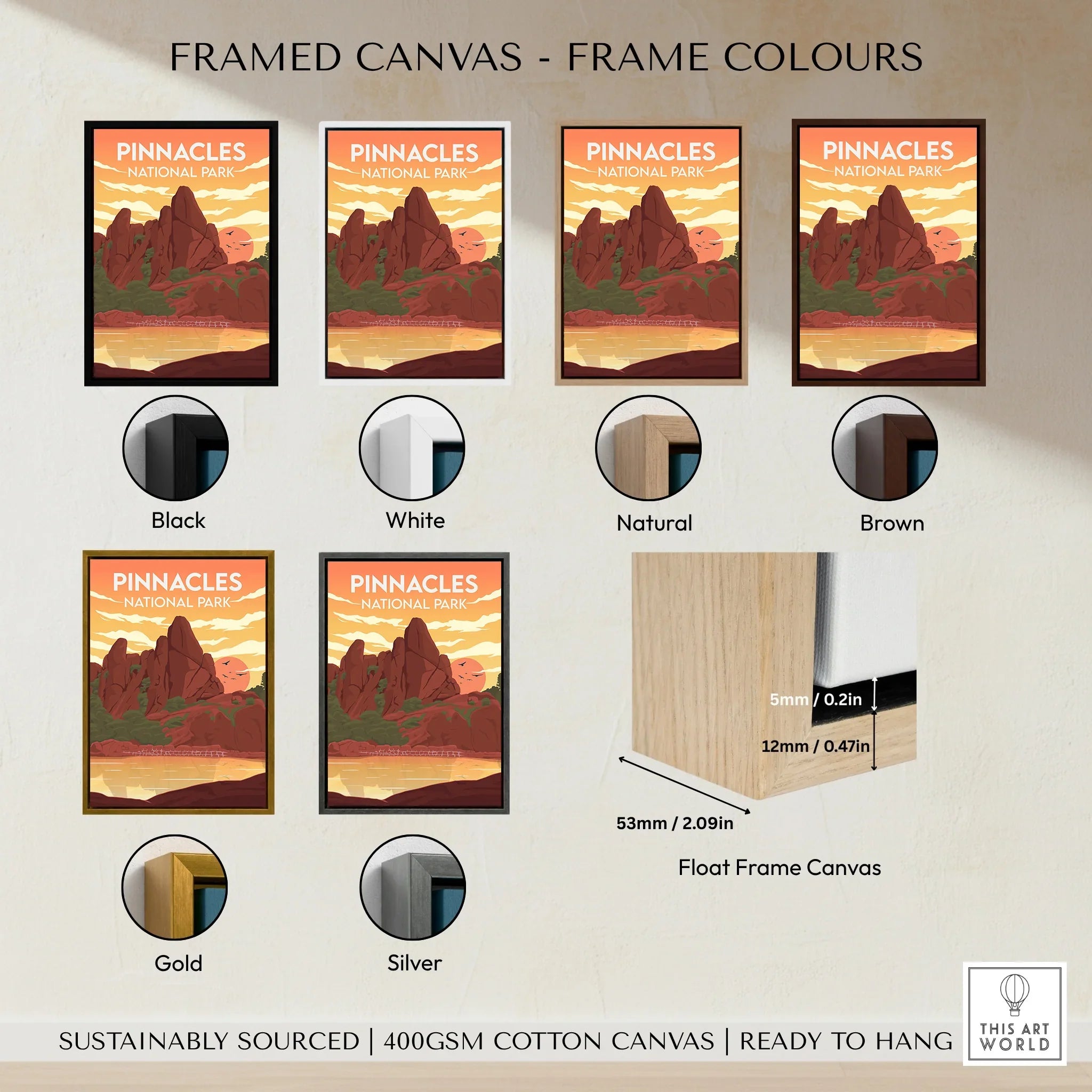 Pinnacles National Park travel poster in six frame color options: black, white, natural, brown, gold, silver.