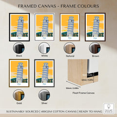 Pisa Tower Italy Print framed canvas options including black, white, natural, brown, gold, and silver frames.