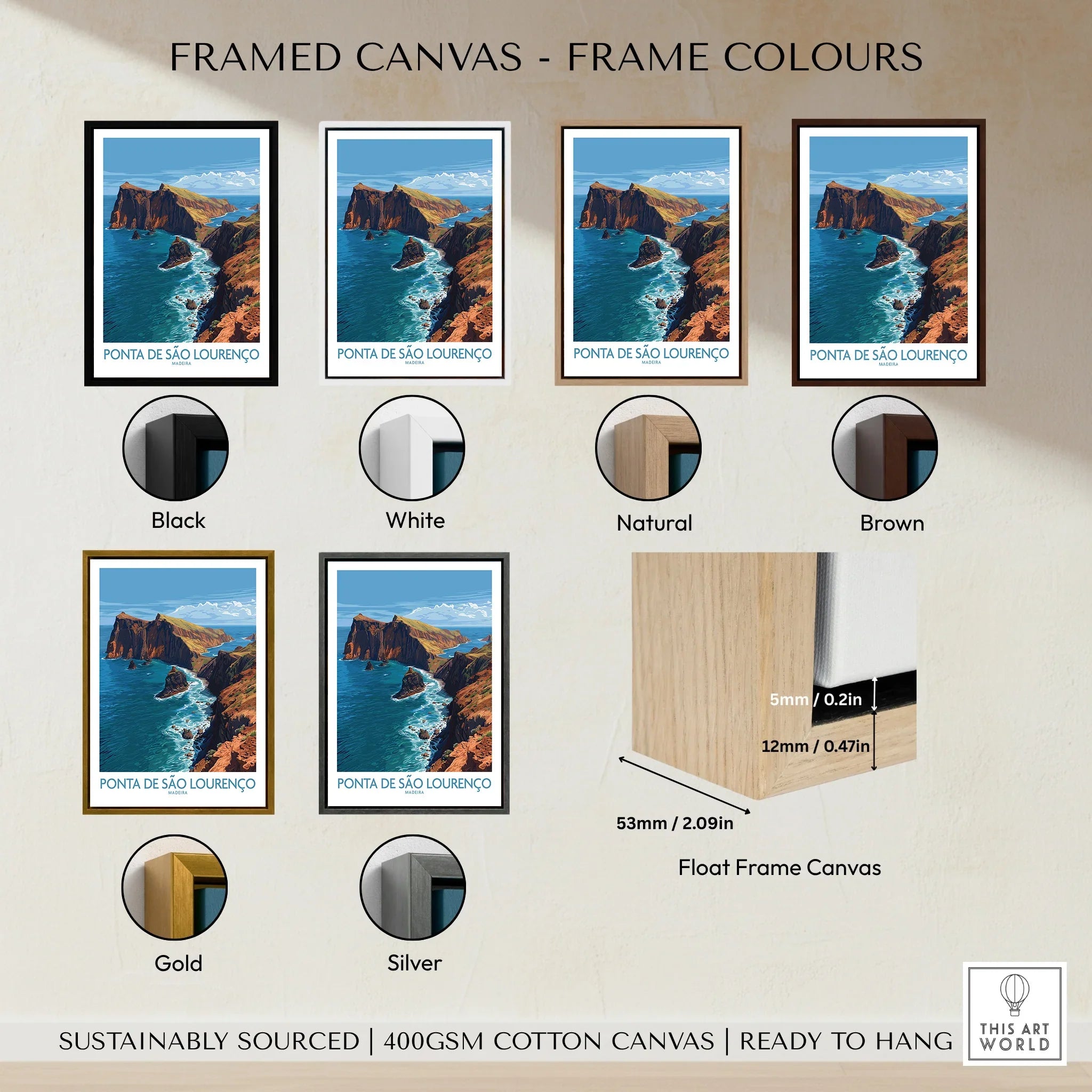 Travel art print of Ponta de São Lourenço cliffs with six frame color options for canvas wall decor.