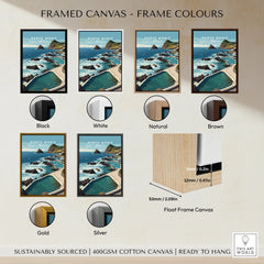 Porto Moniz travel poster framed canvas wall art in six frame color options: black, white, natural, brown, gold, silver, with float frame detail.