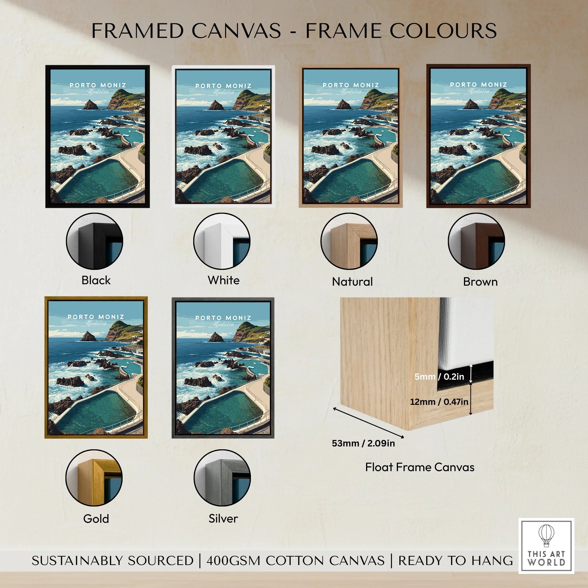 Porto Moniz travel poster framed canvas wall art in six frame color options: black, white, natural, brown, gold, silver, with float frame detail.
